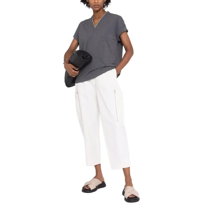 Brunello Cucinelli Embellished V Neck T Shirt-1