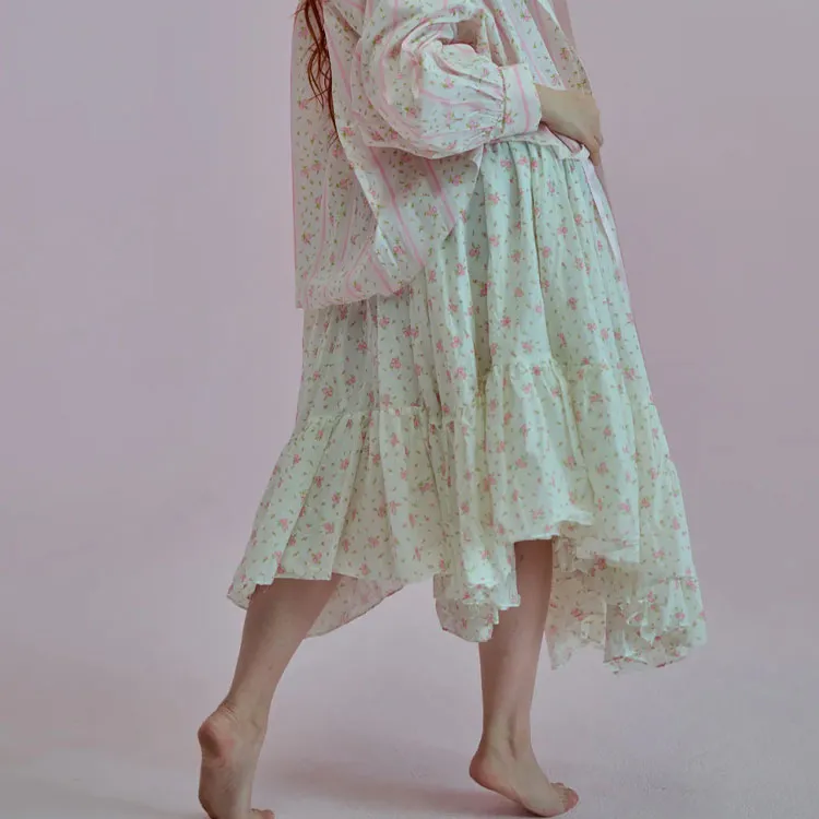 Selkie Collection SS25 Casual Long Skirts Women's White Base With Small Rose Floral Print-4