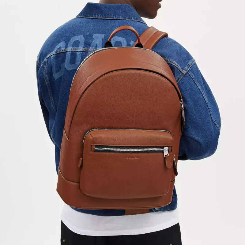 COACH West Leather Patchwork Smooth Calfskin Backpack Large Size Unisex Brown-4
