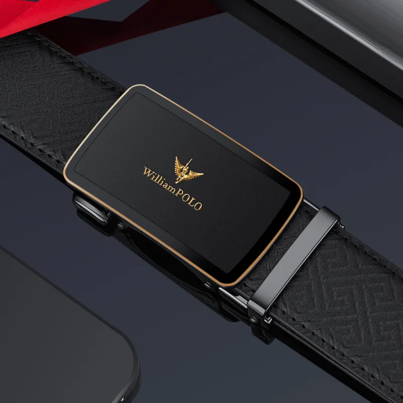 WilliamPOLO Cow Leather Leather Belts Men's Gunmetal Buckle Gold Logo 3.5cm Width-4