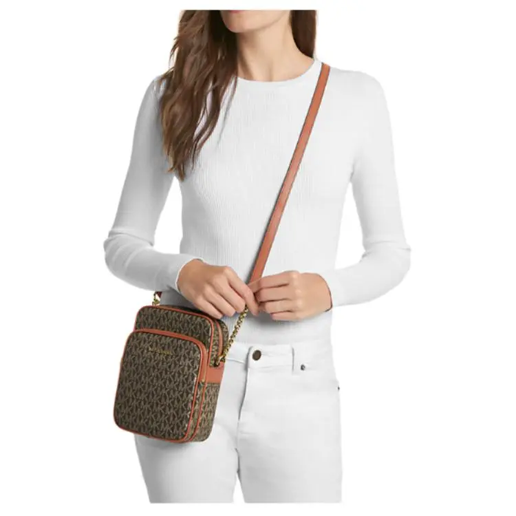MICHAEL KORS Jet Set Travel Coated Canvas With Polyester Shoulder Bag, Crossbody Bag Medium Size Women's Brown & Gold-3