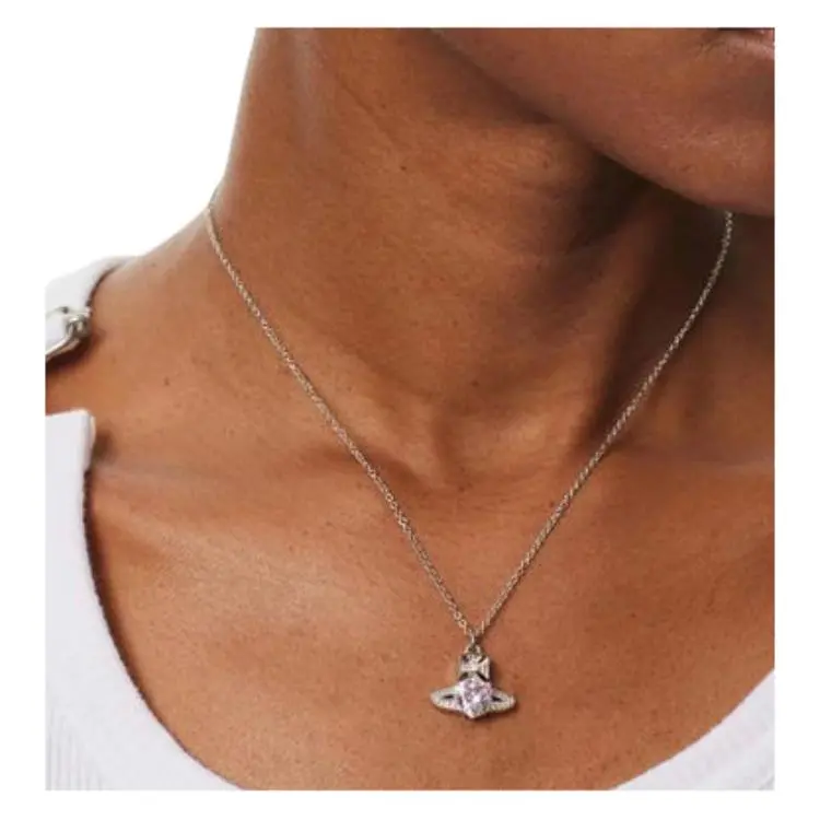 Vivienne Westwood Brass Heart Pink Crystal Saturn Pendant Necklace Women's Pink Diamond/Silver-4