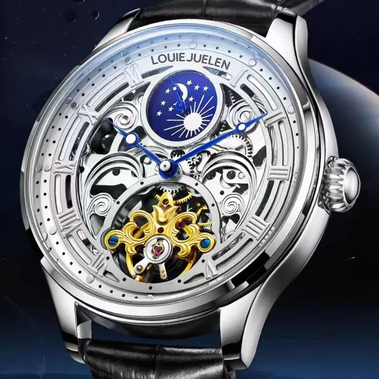 LOUIE JUELEN Automatic Mechanical Movement Genuine Leather Strap Watch Men's Watches Silver Dial-3