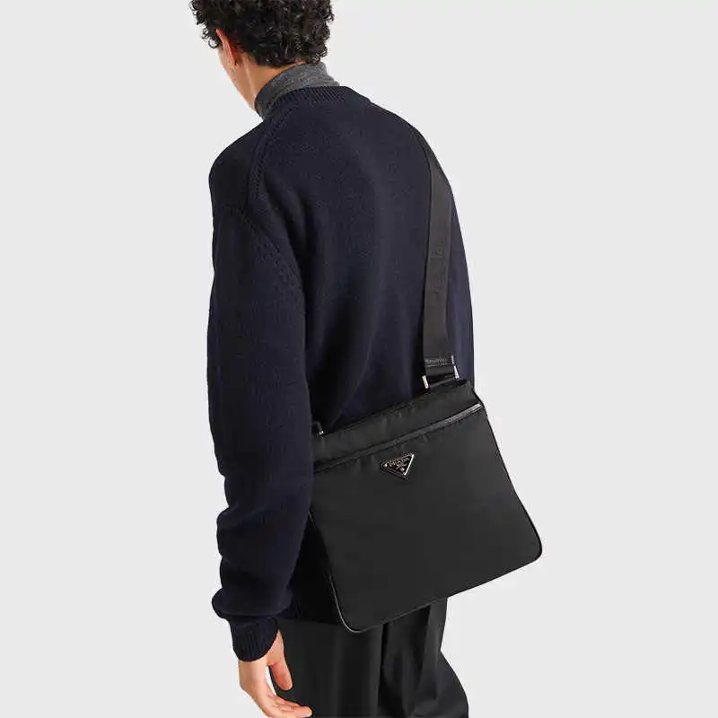 PRADA Recycled Nylon Saffiano Cow Leather Shoulder Bag, Crossbody Bag Men's Black-5