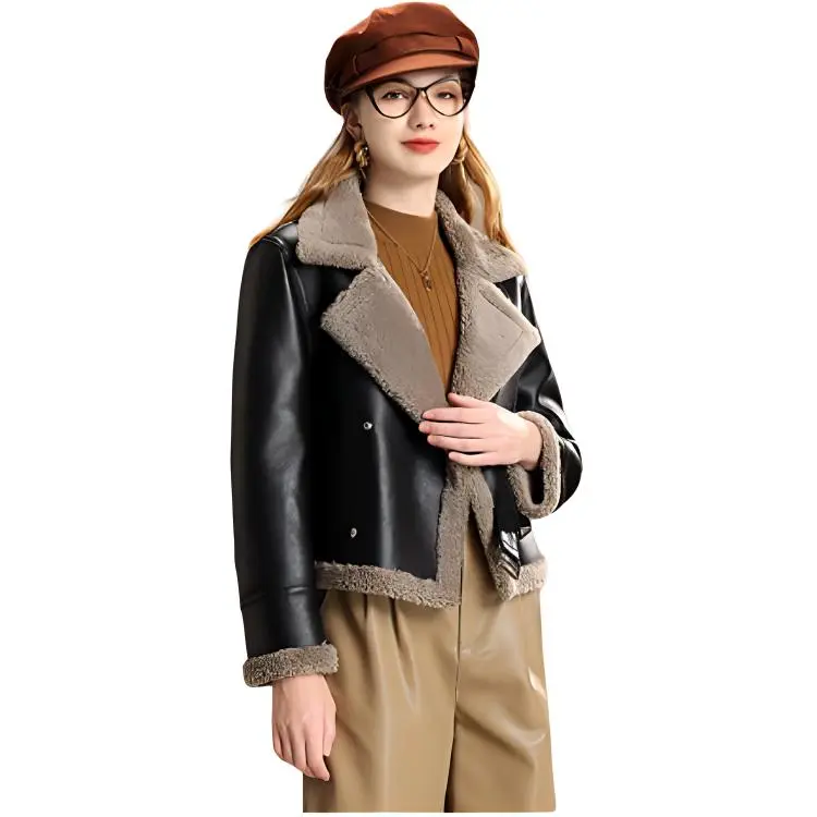 FENHONGMALI Jackets Coats Women's Tea Brown/Black-3