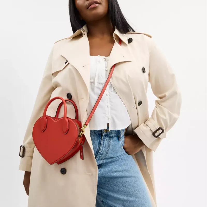 COACH Leather Heart Shaped Bag, One Shoulder Handbag Trumpets Women's Rouge Red-6