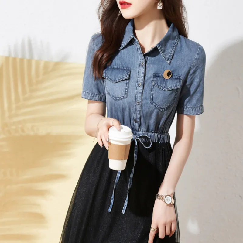 Mo Han Yi Mei Short Sleeved Dress Women's Blue Top And Black Bottom-3