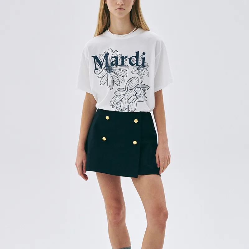 MARDI MERCREDI Three Flowers Collection SS25 T-Shirt Women's Ivory Navy Blue Korean Style-2