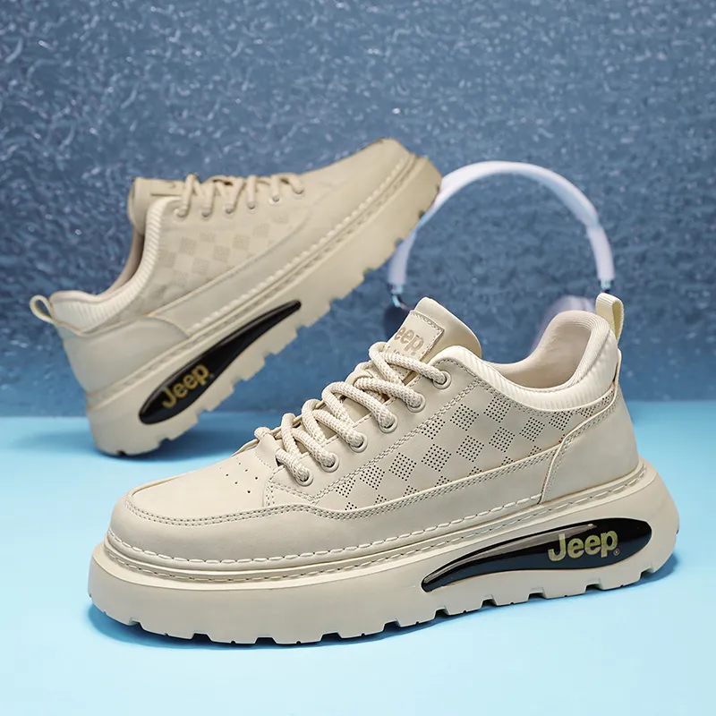 Jeep Mesh Hole Breathable Anti Slip And Wear Resistant Height Increasing Low Top Casual Shoes Men's Sand-11