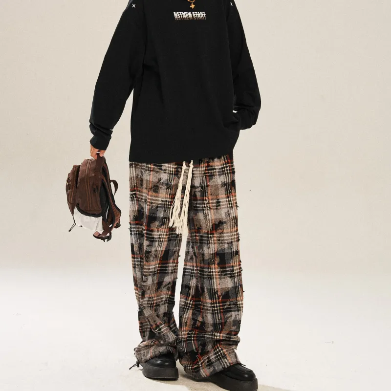 NSTNEW START Casual Pants Unisex Dark Gray Brown Plaid-2