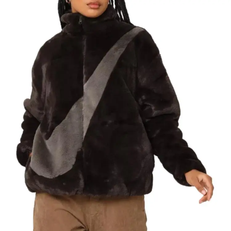 Nike Women's Faux Fur Swoosh Jacket Velvet Brown/Cave Stone-3
