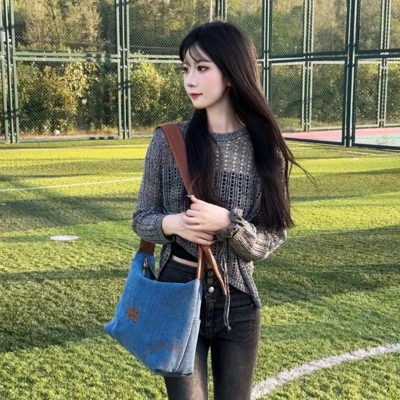Lee Fabric+Artificial Leather Crossbody Bag, Shoulder Bag, Messenger Bag Tubas Women's Denim Blue-1