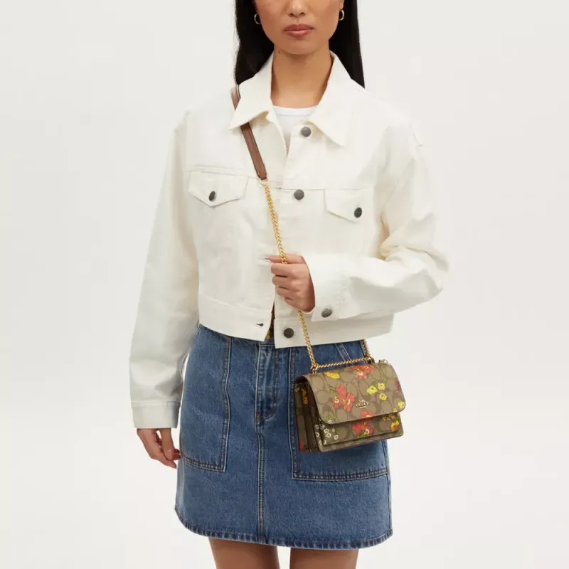 COACH Klare Canvas Shoulder Bag, Crossbody Bag Small Size Women's Gold & Khaki Multicolor-4