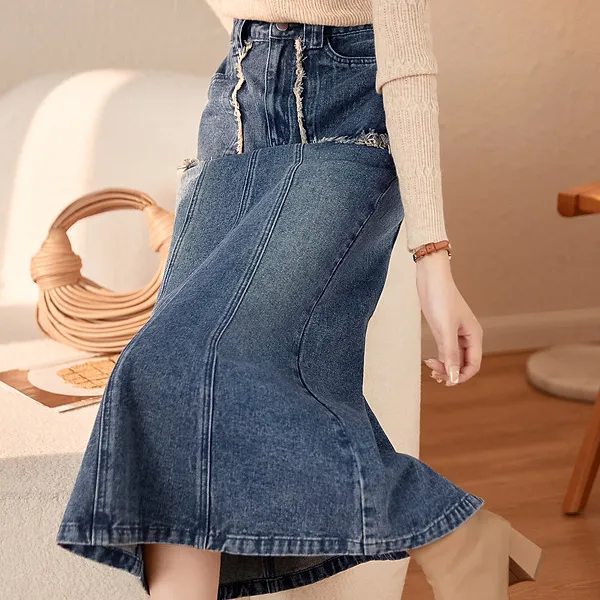 Mo Han Yi Mei Denim Long Skirt Women's Blue-2