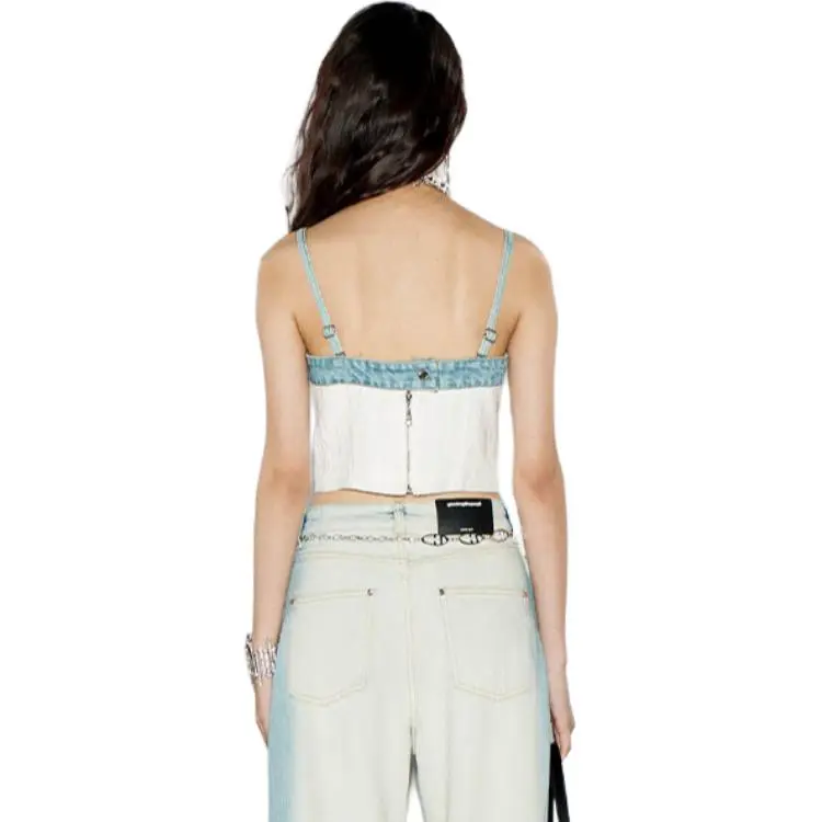 GIMING Color Block Textured Camisole Strapless Top Women's Blue White-2