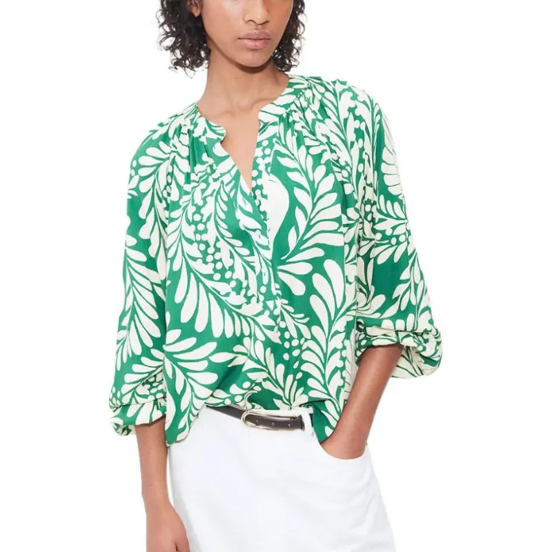 H&M Shirt Women's Green/Cream Pattern-2