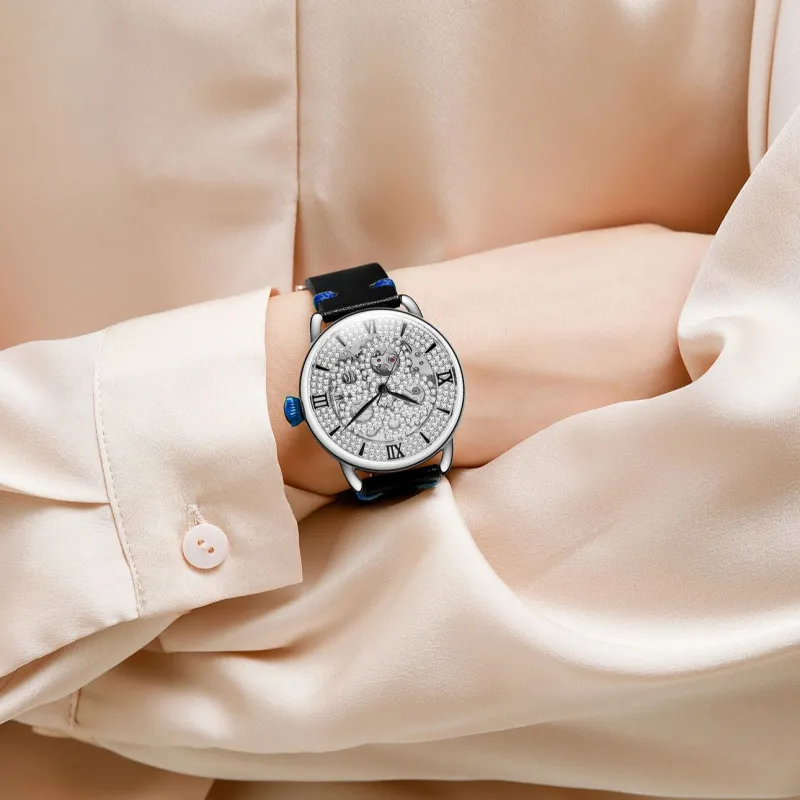 DAVENA Dotted Eye Collection Mechanical Movement Genuine Leather Strap Watch Women's Watch Silver Dial-1
