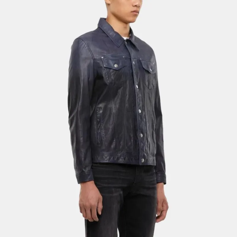 DIESEL Leather Jacket Men's Blue Gray-1