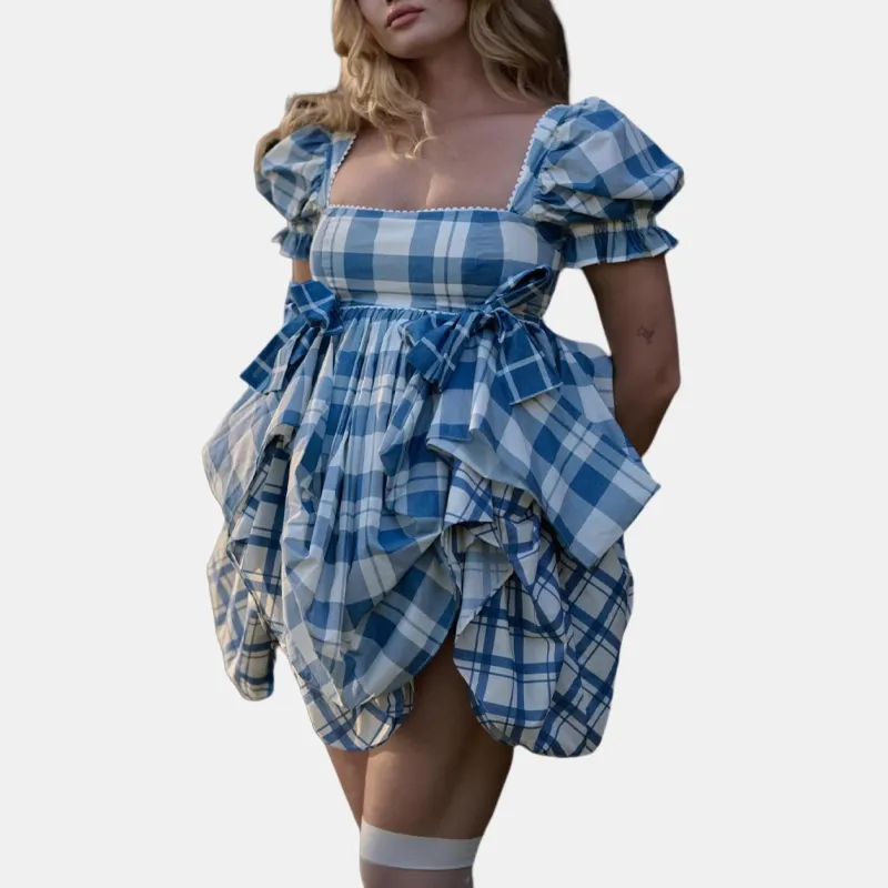 Selkie Collection FW24 Short-Sleeved Dresses Women's Navy Blue Bottom White Plaid Tea Towel Print-6