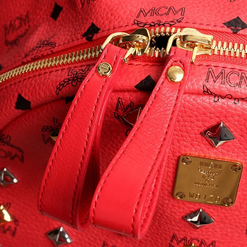 MCM Leather Backpack Women's Red-3