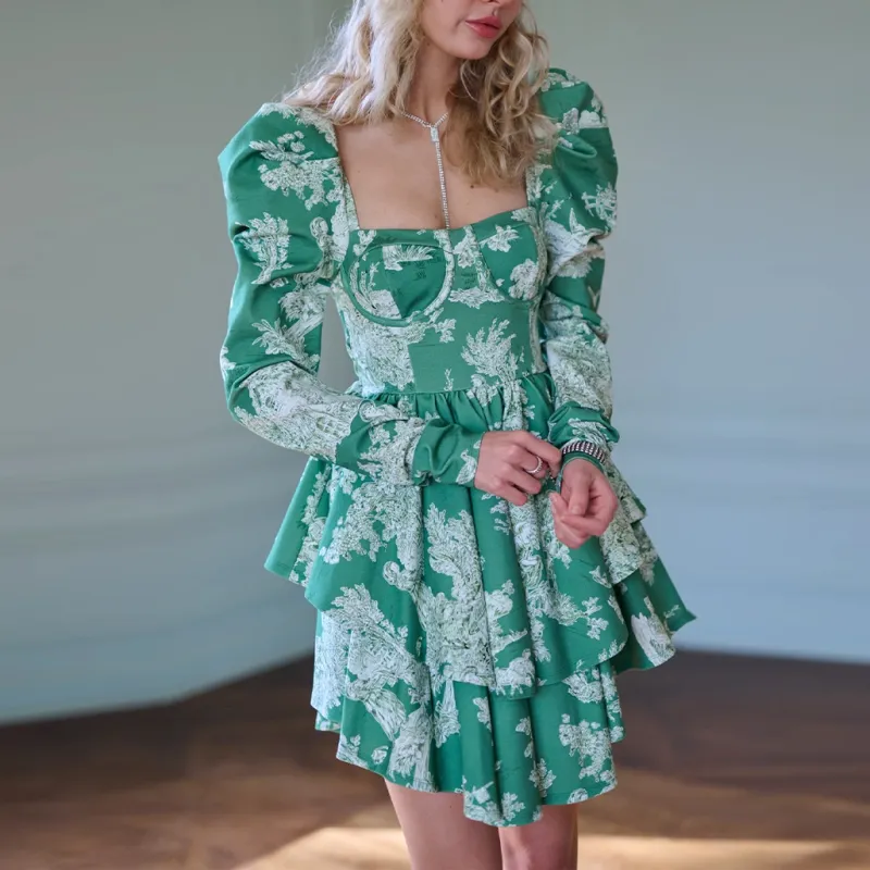 Selkie Collection FW24 Long Sleeved Dresses Women's CEDAR TOILE Green Pastoral Life Print-1