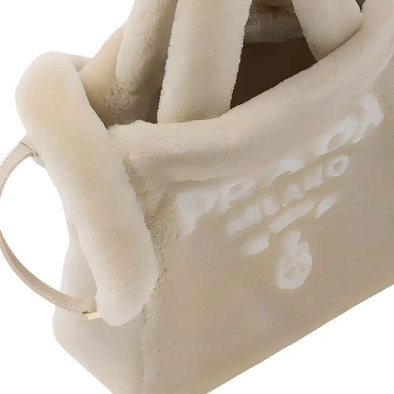 PRADA Shearling Plush Tote Bag, Shopping Bag, Shoulder Bag, Crossbody Bag, Handbag Women's Beige-3