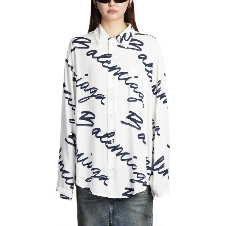 Balenciaga Handwritten Minimal Long Sleeve Shirt 'White/Navy'-2