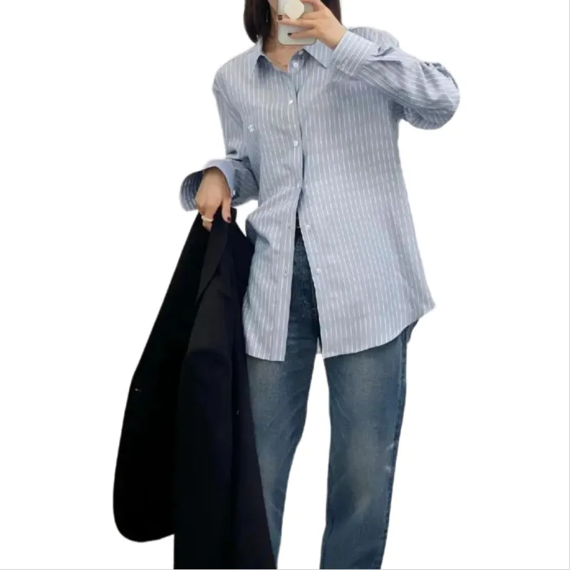 CELINE Cambridge Striped Chambray Cotton Shirt Bleu/Blanc-2