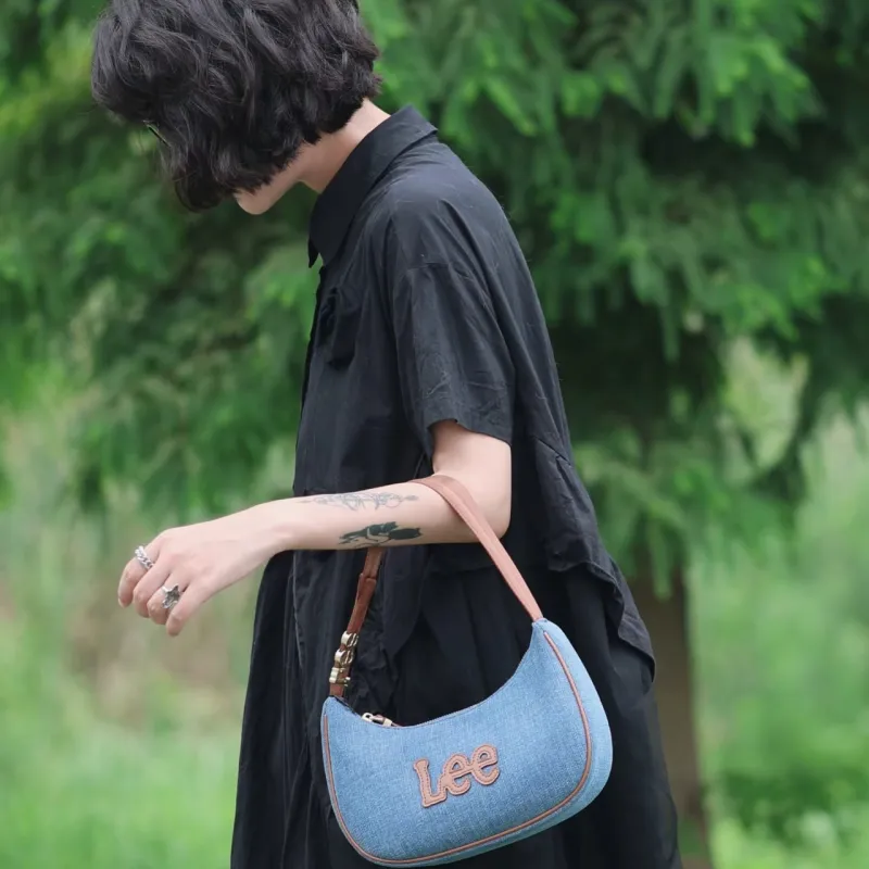 Lee Fabric+Artificial Leather Shoulder Bag, Crescent Bag, Shoulder Bag Regular Women's Denim Blue-3
