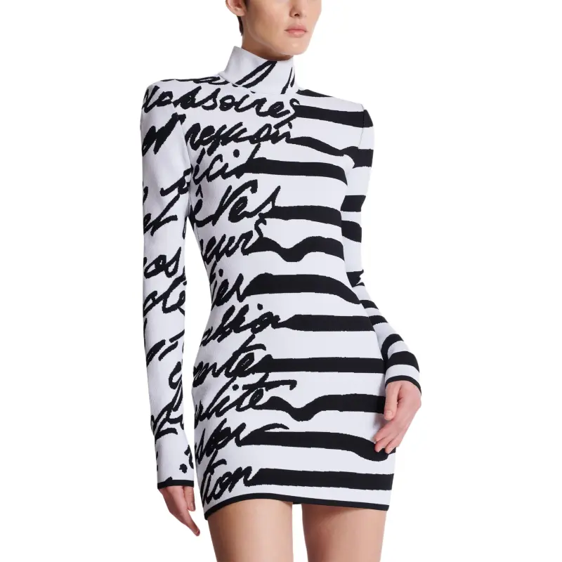 BALMAIN Striped Love Letter Jacquard Knit Dress-4