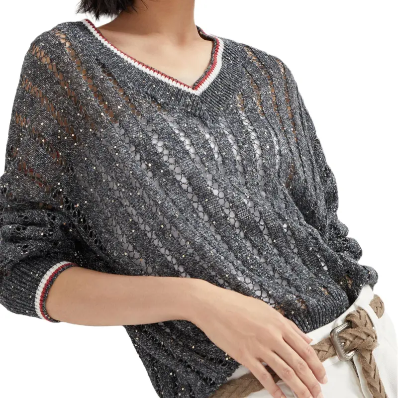 Brunello Cucinelli Openwork Knitted V Neck Jumper-3