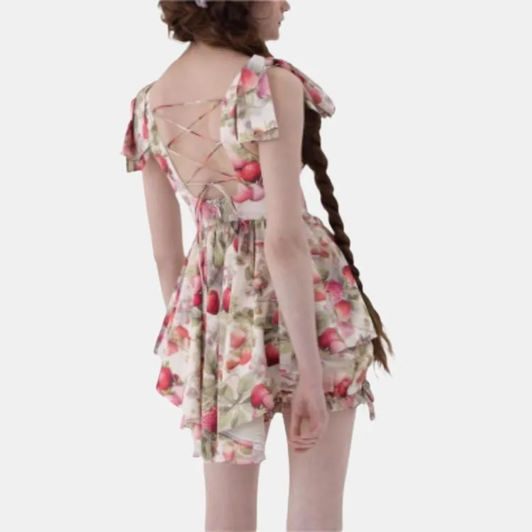 Selkie Collection SS24 Short-Sleeved Dresses Women's Light Apricot Base With Strawberry Print-2