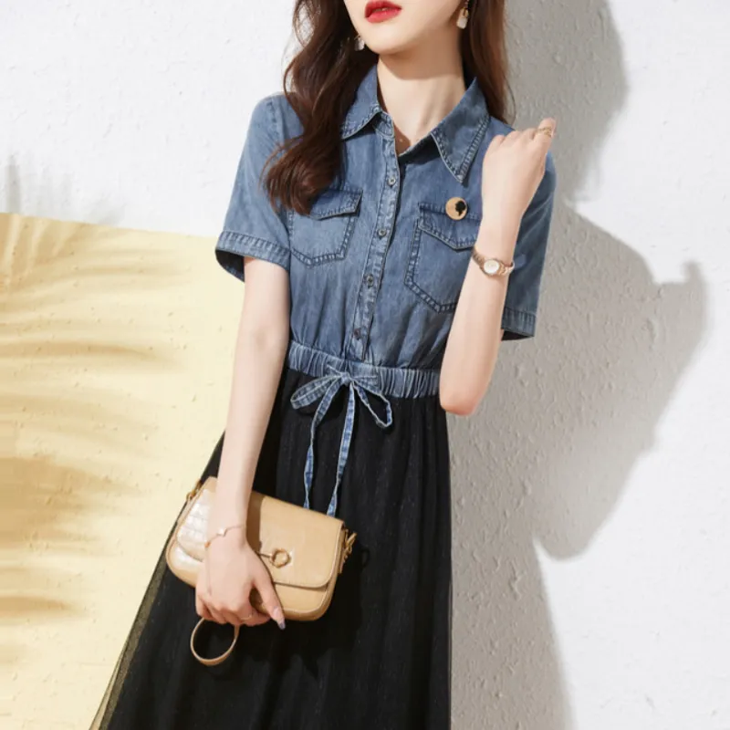 Mo Han Yi Mei Short Sleeved Dress Women's Blue Top And Black Bottom-4