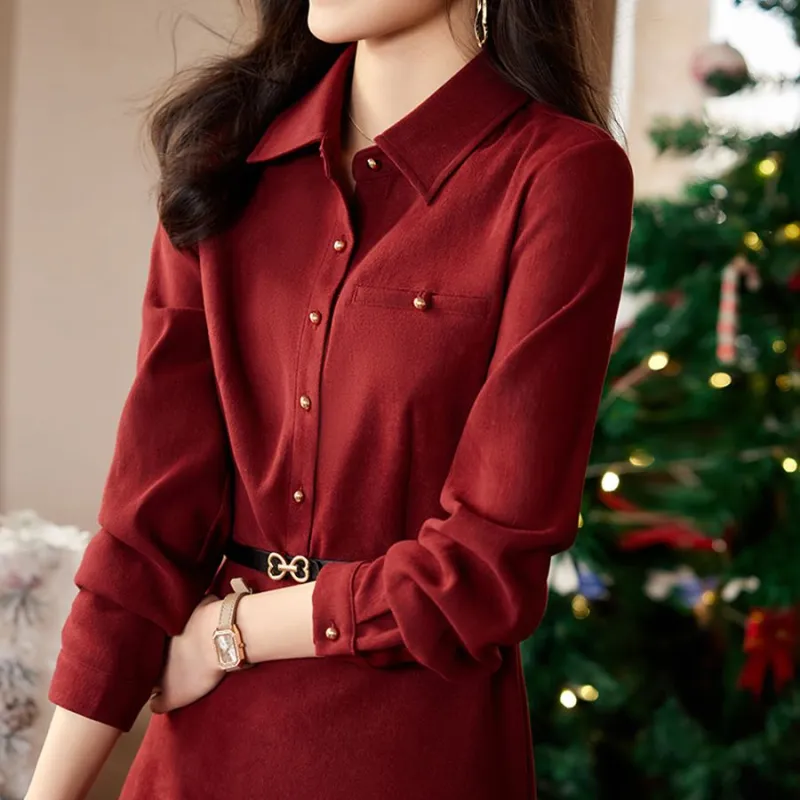 Still Quiet Long Sleeved Dress Women's Red-5