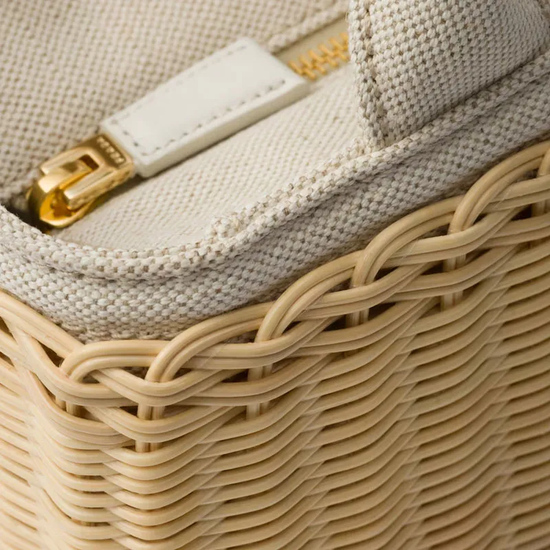 PRADA Wicker Handbag Medium Size Women's Tan & White-5