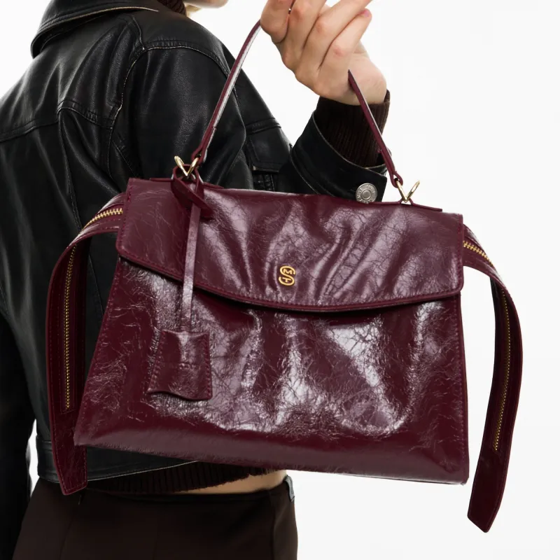 Simedin Top Grain Cow Leather/Synthetic Leather One Shoulder Handbag Women's Midnight Black/Ancora Red-10