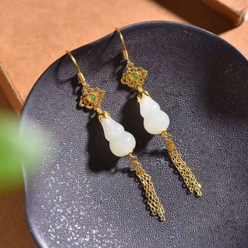 Grace Hetian Jade Earrings Pale Greenish White Jade Women's-4