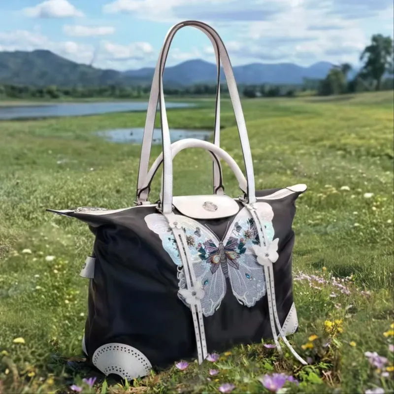 Anthracene Cowhide Patchwork Canvas One Shoulder Handbag Women's Multicolor-1