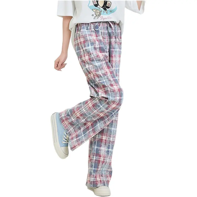 Three Blessings Casual Pants Women's Red And Blue Plaid-2