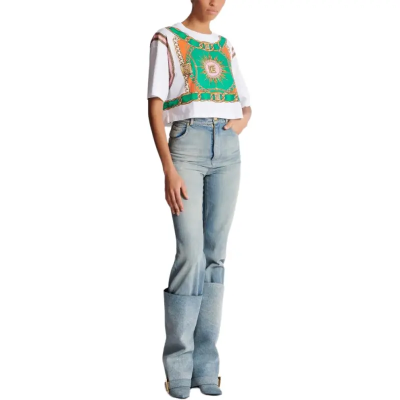 BALMAIN Foulard print Cropped T shirt-5