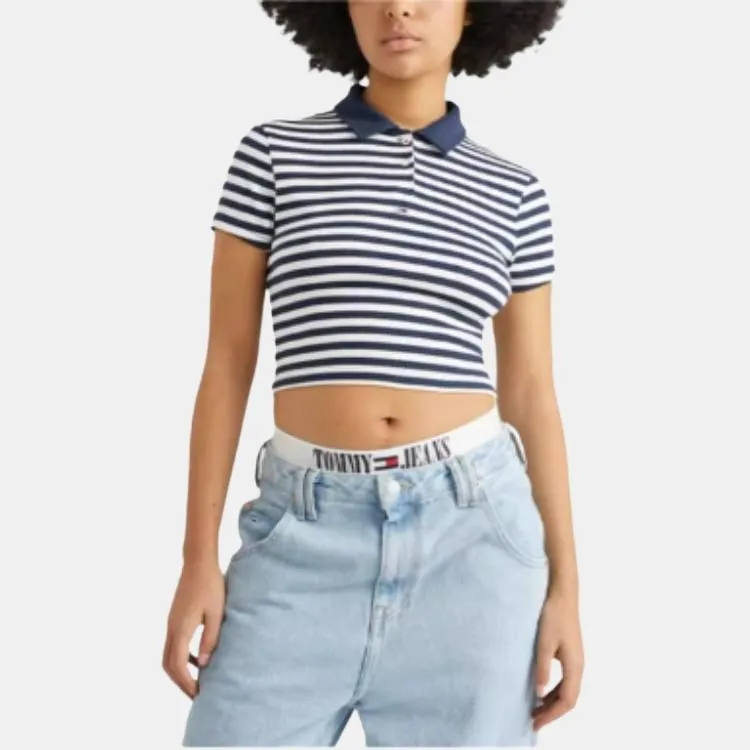 Tommy Hilfiger Polo Shirts Women's Dark Blue White Stripes C87-2