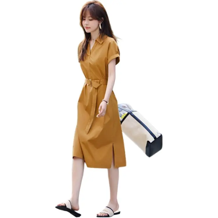 Mo Han Yi Mei Short Sleeved Dress Women's Earthy Brown Yellow-2