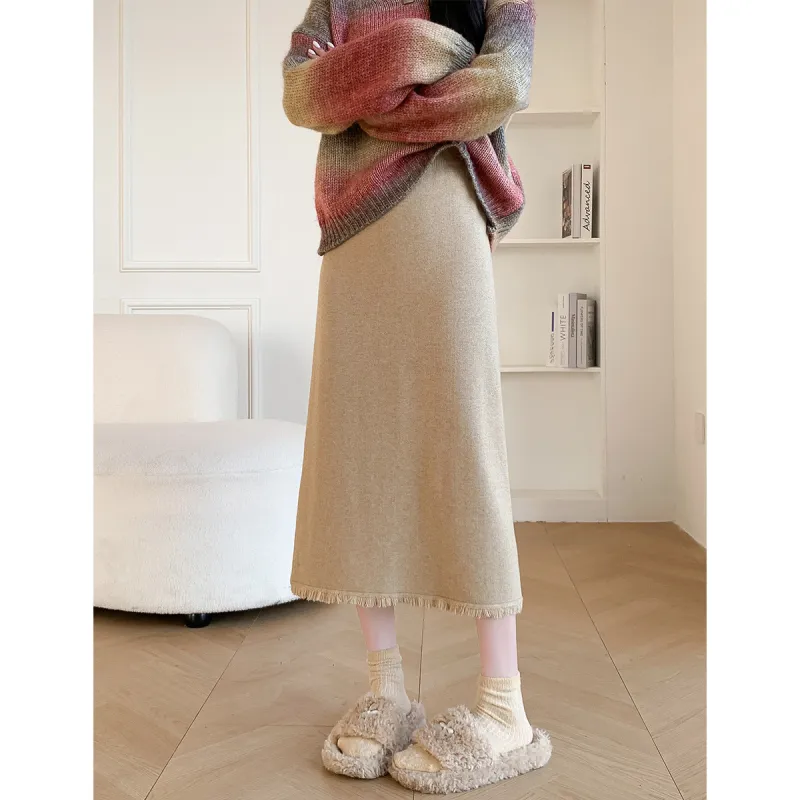 Tonlion Knit Long Skirts Women's Wheat-1
