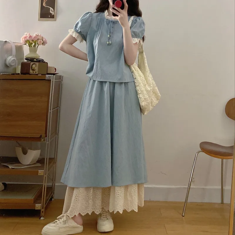 GULIANFEI Skirt Set Women's Light Blue-3