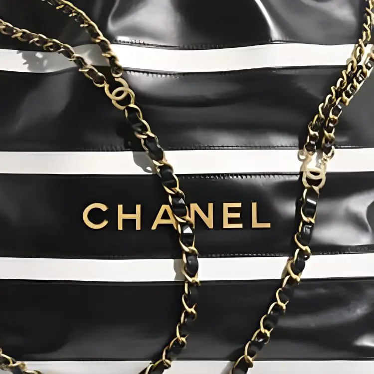 CHANEL 22Bag Cow Leather Shoulder Bag Women's Black White Stripes-3