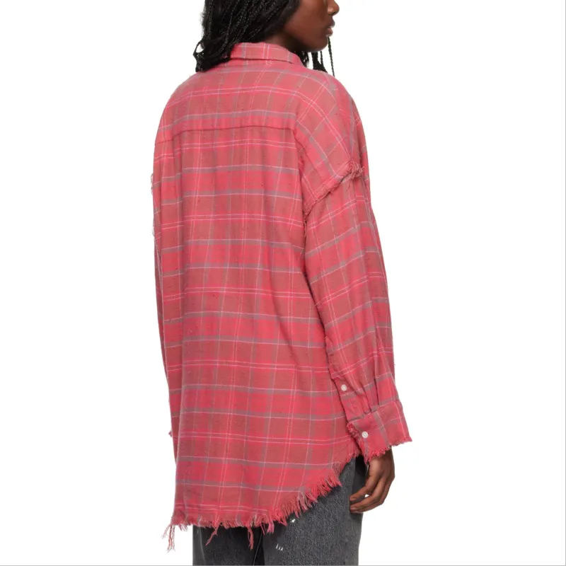 R13 Check Pattern Frayed Trim Distressed Shirt-2
