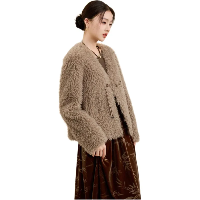 3COLOUR Velvet feel Coat Women's Coffee-2