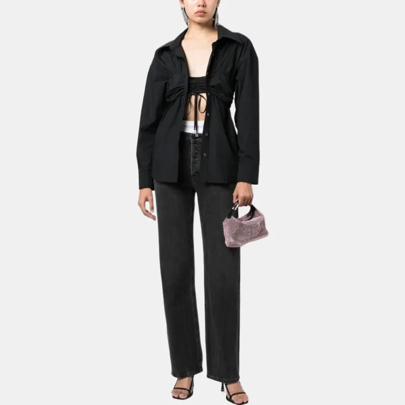 Alexander Wang Ruched Bandeau Overlay Open Front Shirt Black-3