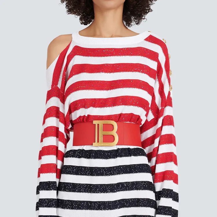 BALMAIN Letter B Logo Smooth Buckle Leather Belts Women's Pink Width 7.5cm-2