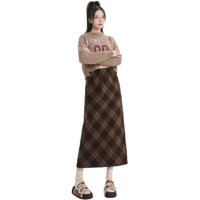 Kazakhstan Casual Long Skirts Women's Coffee Plaid-1